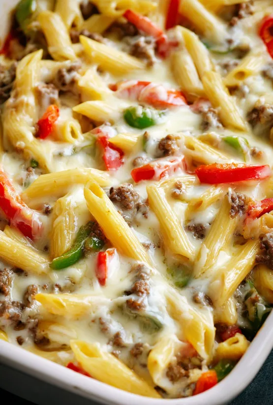 Ein saftiger Philly Cheesesteak Pasta-Auflauf, ganz nah aufgenommen.