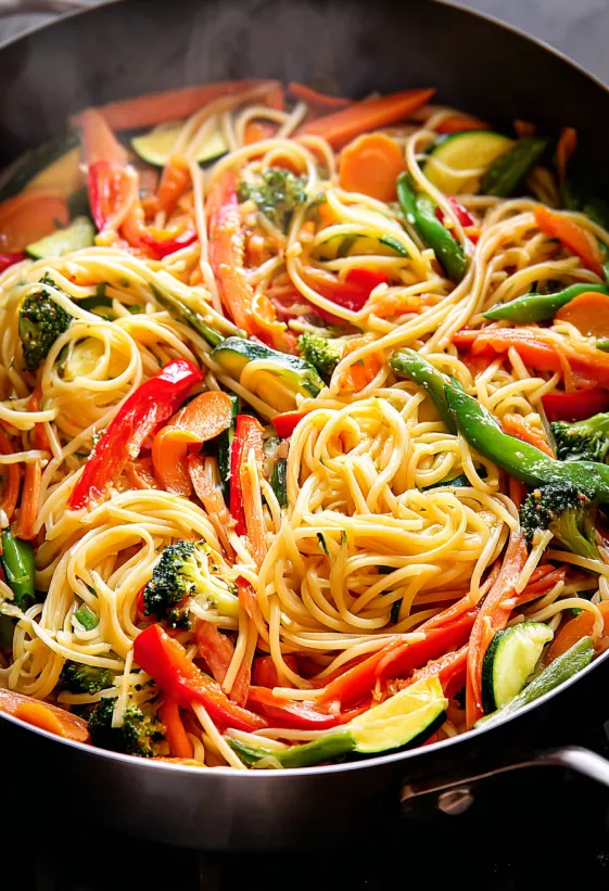 Cremige Pasta Primavera mit buntem Gemüse.