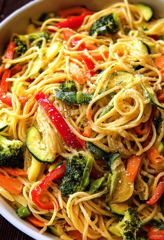 Ein Teller mit cremiger Pasta Primavera.