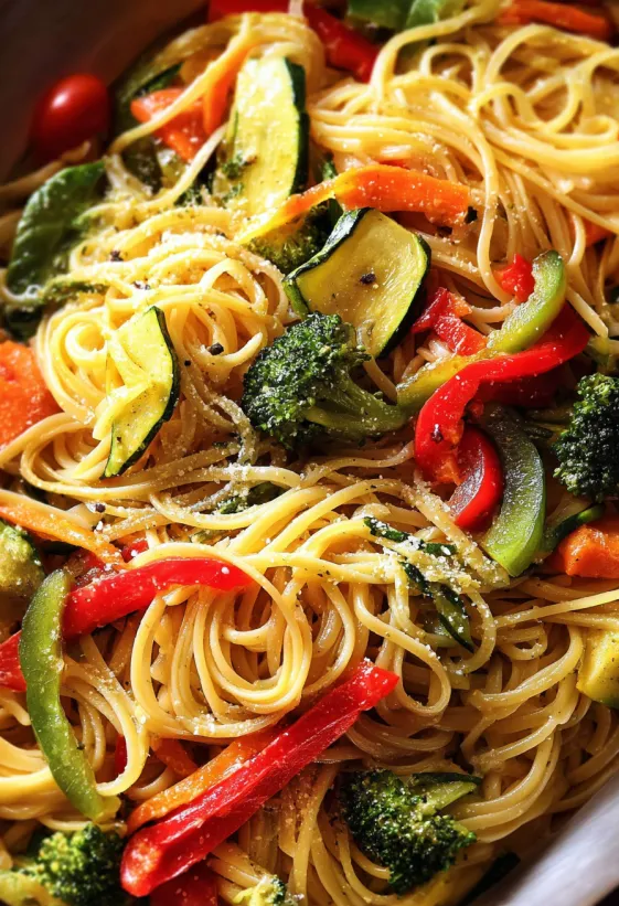 Ein Teller Sahnige Primavera Pasta mit verschiedenen Gemüsesorten.