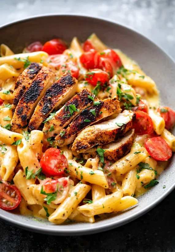 Ein Teller Cajun-Hähnchenpasta.