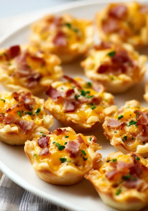 Ein Teller voller knuspriger Bacon-Käse-Rotel Cups.
