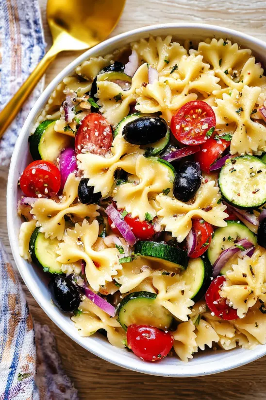 Eine Schüssel Nudelsalat mit Tomaten, Gurken und Oliven.