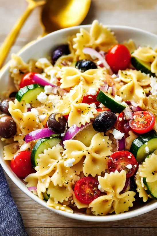 Eine Schale Nudelsalat mit Tomaten, Gurke, Oliven und Käse.