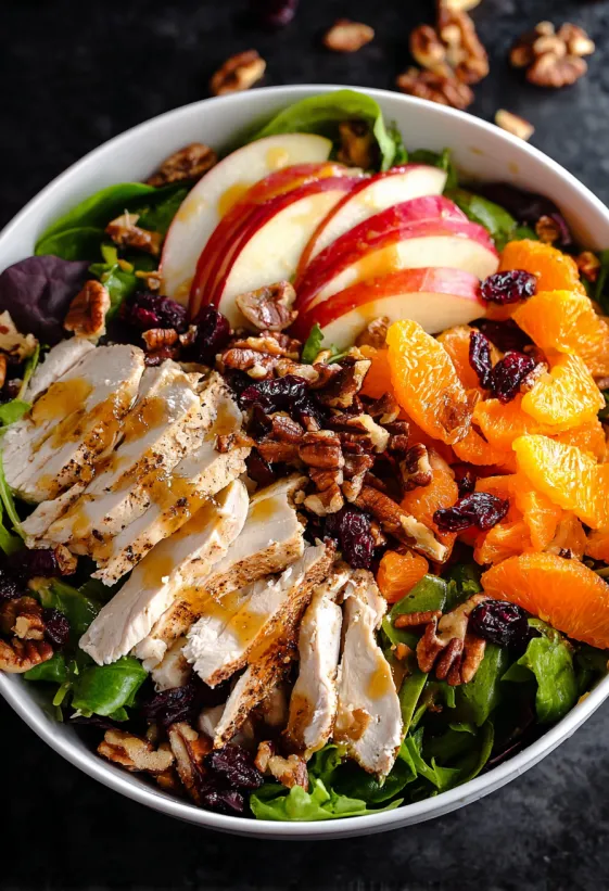 Eine Schale voller Salat mit Hähnchen, Äpfeln, Orangen und Walnüssen.