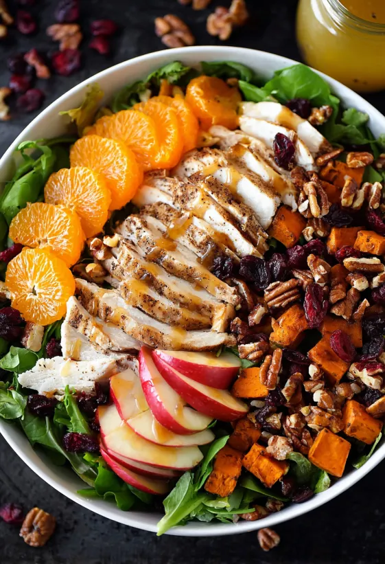 Ein lockerer Salat mit Hähnchen, Äpfeln, Orangen und Walnüssen.