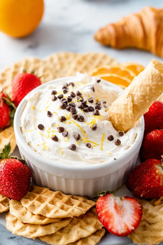 Eine Schüssel Cannoli Creme mit einer Waffeltüte.