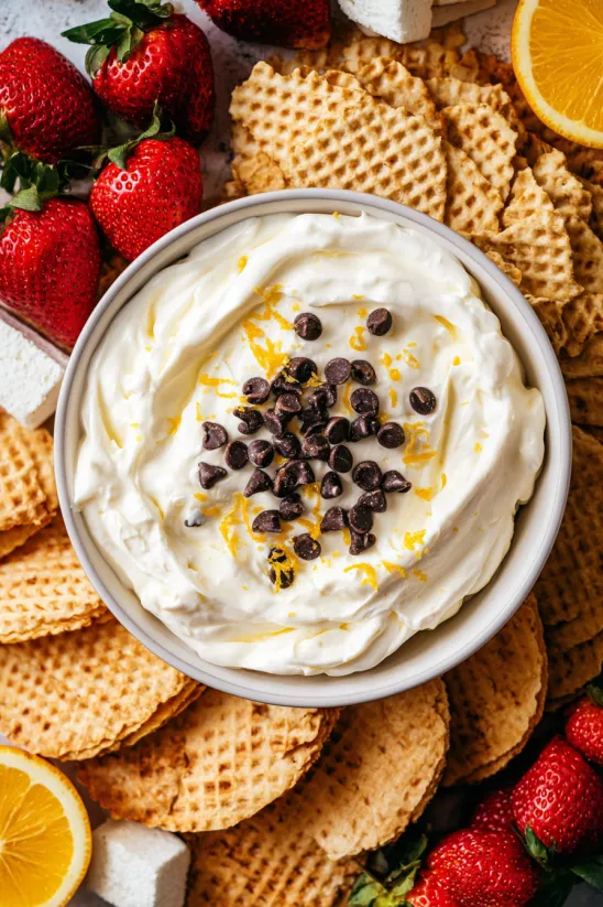 Eine Schüssel Cannoli Creme mit Schokostückchen und Orangenschale.
