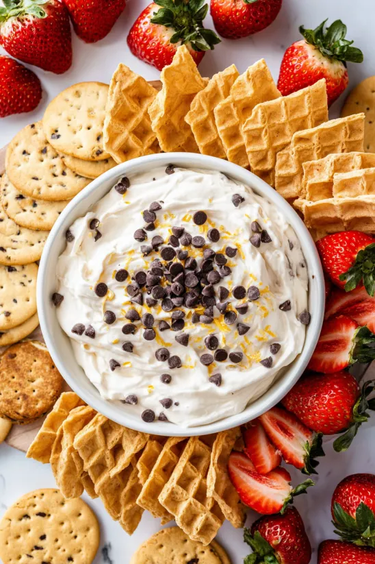 Schale mit Cannoli-Dip und Schokosplittern, garniert mit Orangenstücken.