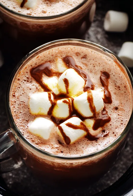 Eine Tasse heiße Schokolade mit Marshmallows obendrauf.