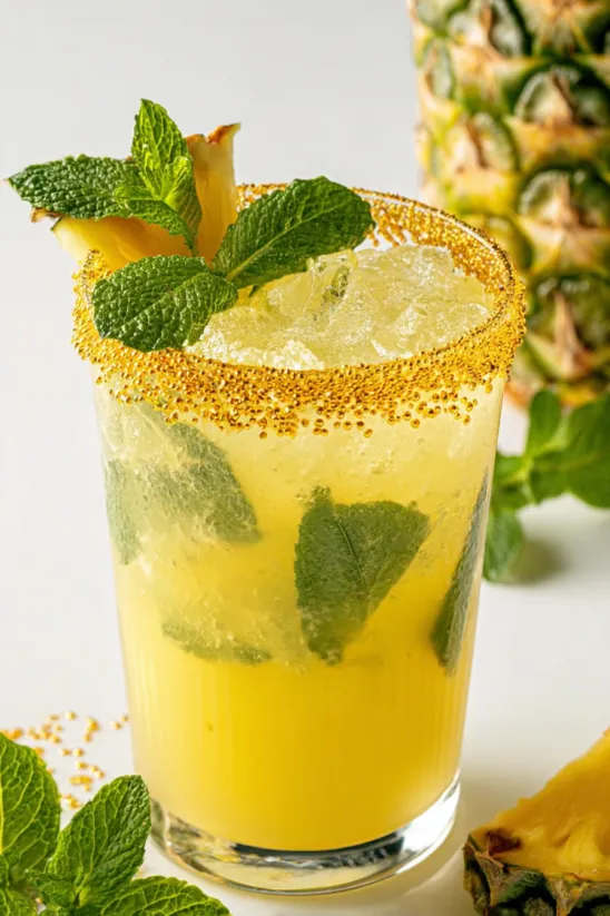 Ein Glas Ananas-Kokos-Mojito.
