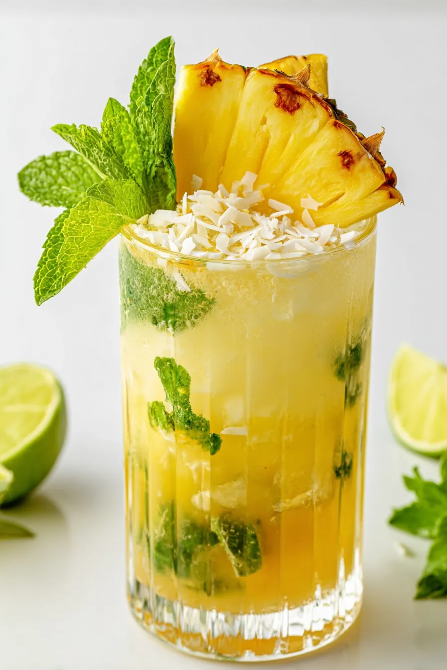 Ein Glas Ananas-Kokos Mojito mit einer Ananasscheibe obendrauf.
