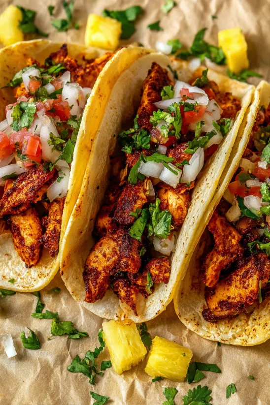 Ein leckerer Taco al Pastor mit Hähnchen und Ananas.