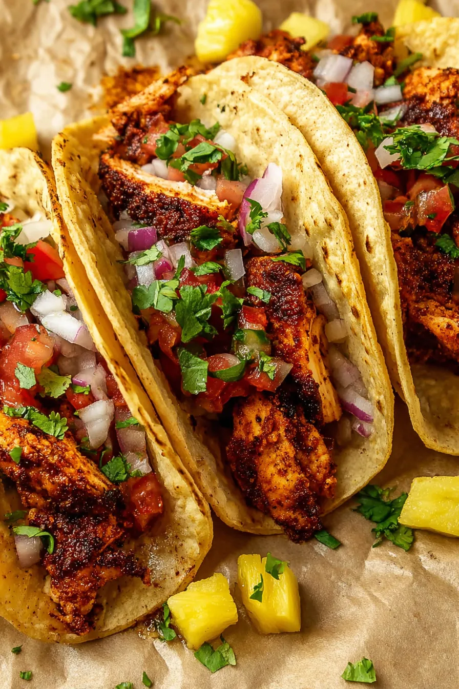 Ein Teller mit saftigen Al Pastor Tacos, Hühnchen und Zwiebeln.