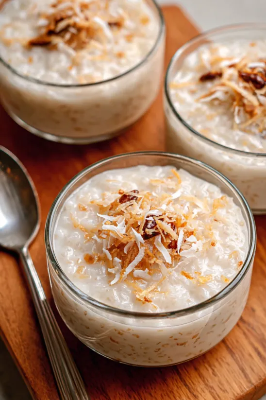 Drei Schüsseln cremiger Kokosreispudding.