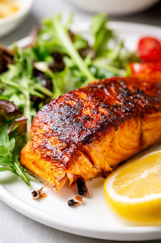 Ein Salmonfilet auf einem weißen Teller, gegrillt in einem Air Fryer.