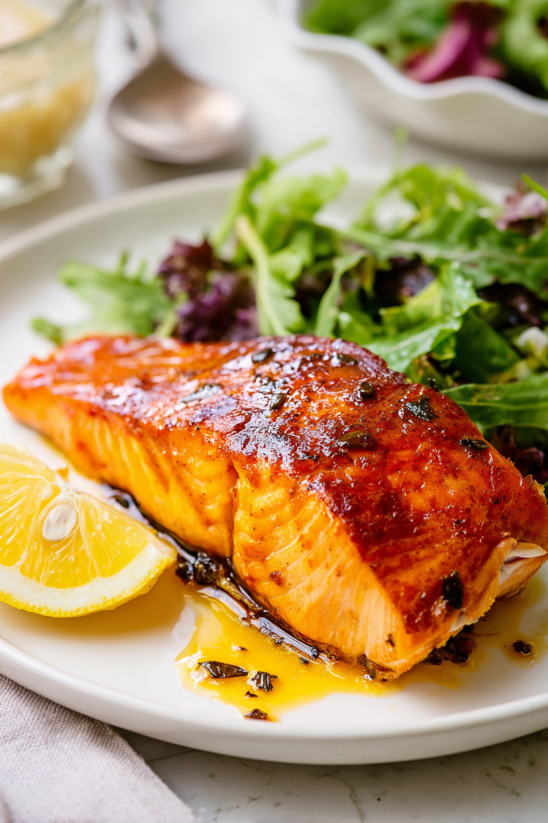 Ein Salmonfilet auf einem weißen Teller, garniert mit Salat und Zwiebeln.