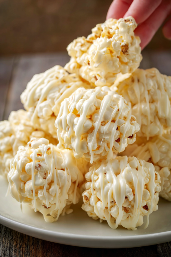 Ein Haufen weißer Marshmallow Popcorn Ballen auf einem Teller.