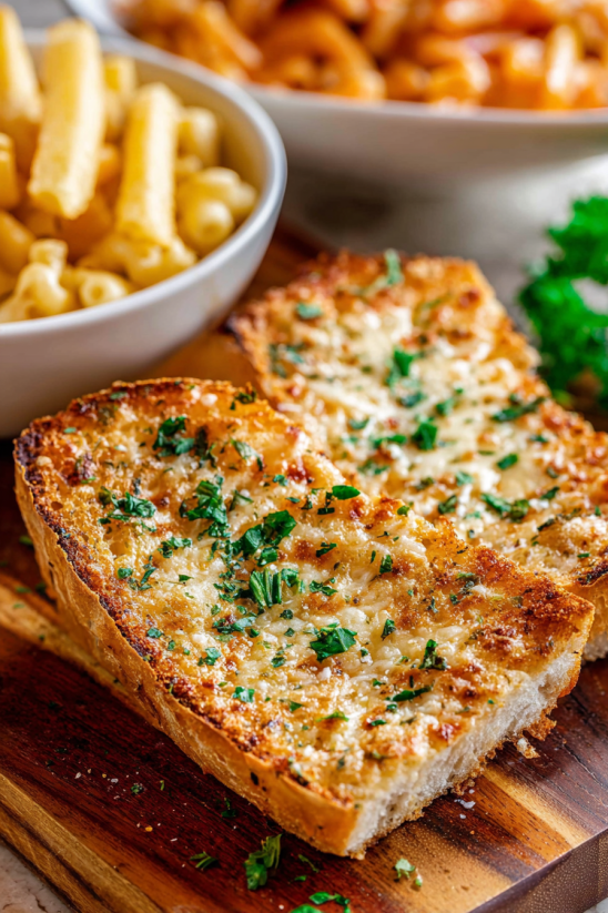 Ein Stück Goat Cheese Garlic Bread auf einem Tisch.