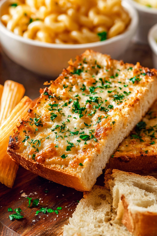 Ein Stück Goat Cheese Garlic Bread auf einem Tisch.