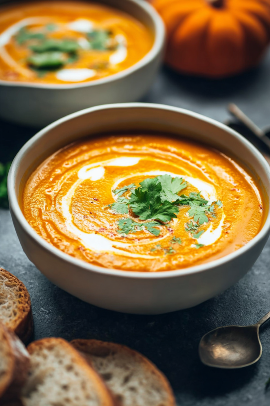 Ein weißer Becher mit einer creamy pumpkin soup, die mit grünen Zutaten garniert ist.