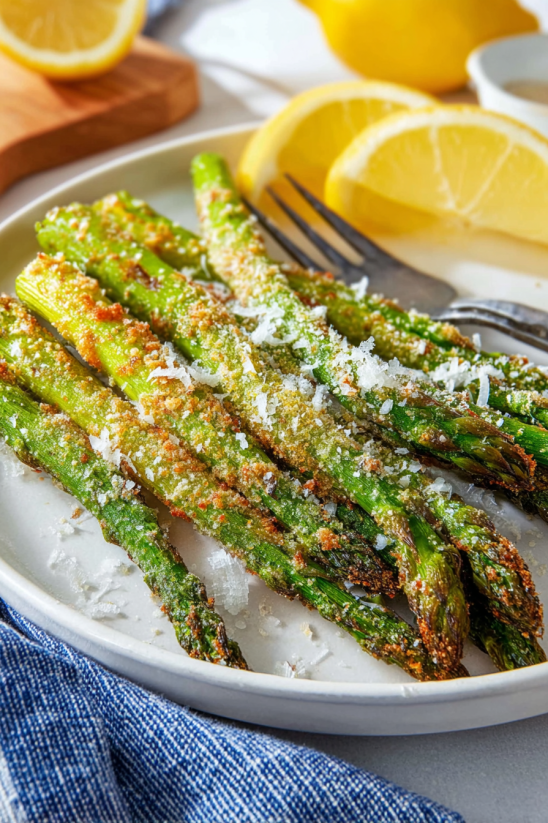 Ein weißer Teller mit Asparagus, der mit Salz und Pfeffer zubereitet wurde.
