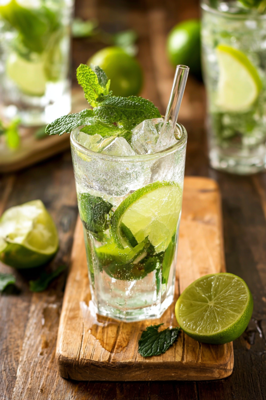 Ein Glas Mojito mit Eis und Mint.
