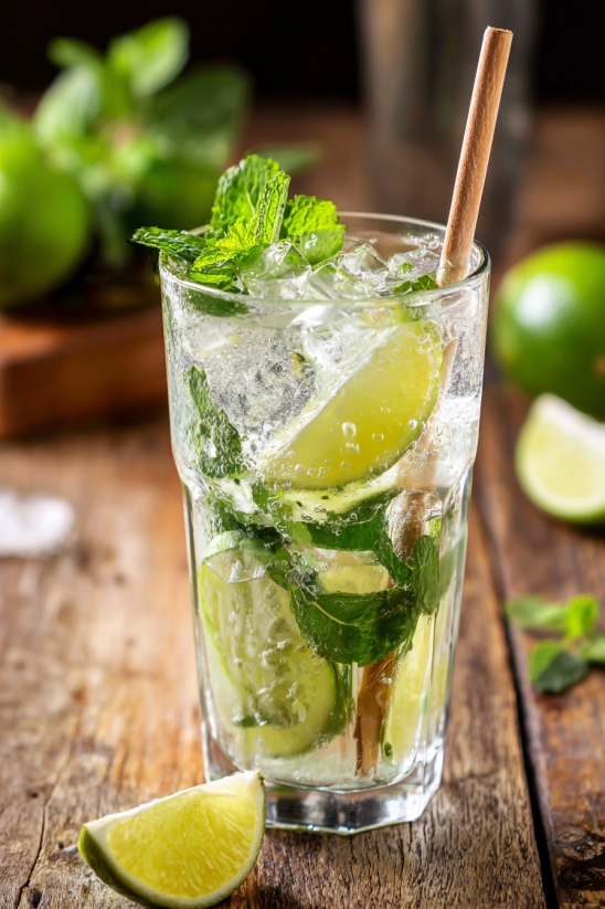 Ein Glas mit Mint-Soda und Zitronen-Saft.