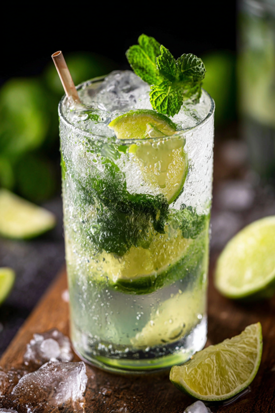 Ein Glas Mojito mit Zitrone, Mint und Eis.