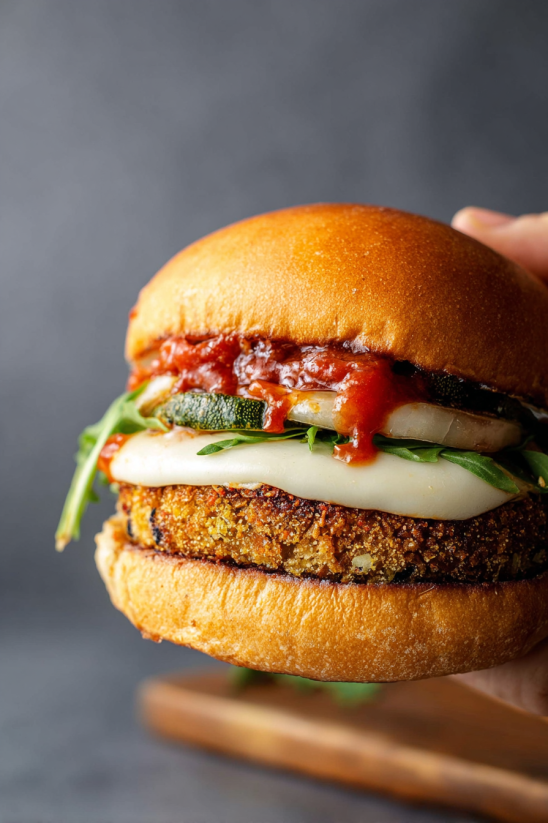 Ein Sandwich mit Zucchini, Tomaten und Parmesan.