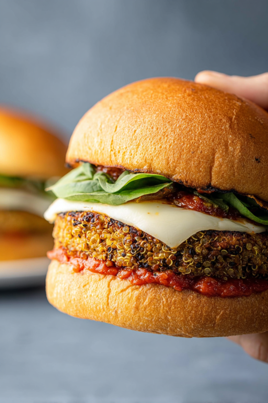 Ein Sandwich aus Eggplant Parmesan, das in einem Air Fryer zubereitet wurde.