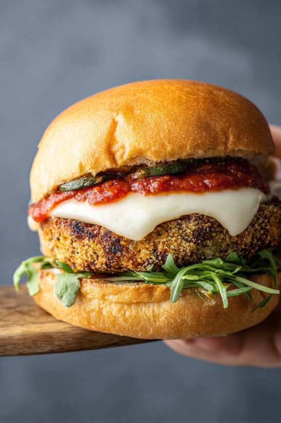 Ein Sandwich mit Eggplant Parmesan und Tomaten auf einem Holzbrett.