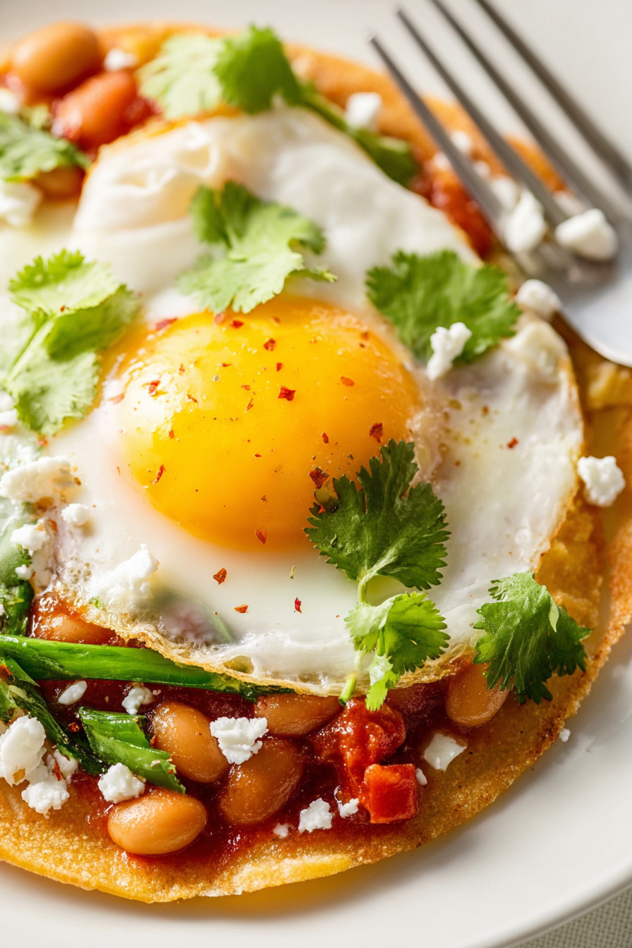 Ein Ei mit gerösteten Paprika und Koriander auf einem Tortilla.