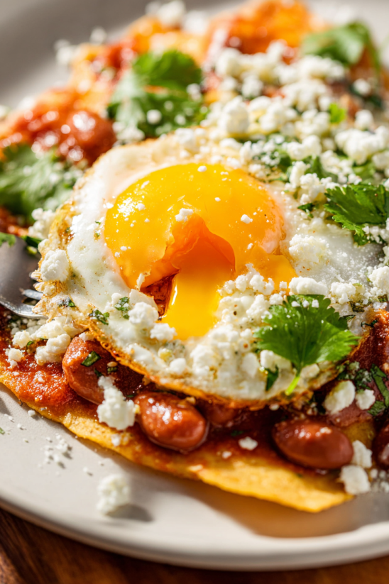 Fresh Huevos Rancheros mit frischem Ei, Beans, Parsley und Feta.