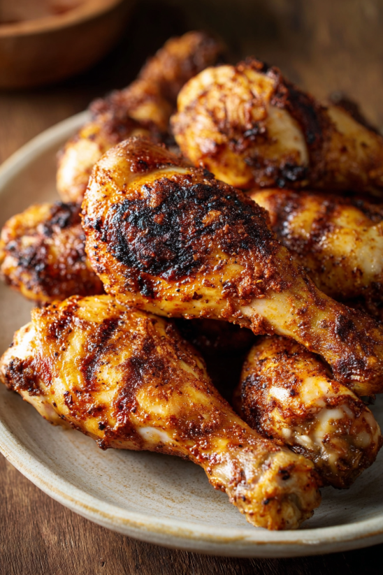 Ein Air Fryer mit Chicken Legs, die in einem dunklen Gew&uuml;rzbronnen sind.