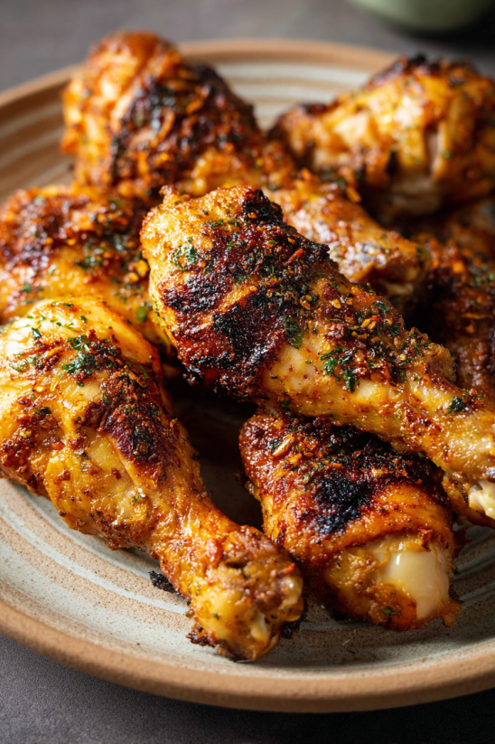 Ein paar gebratene Chicken Legs mit einer braunen Farbe, die in einem Luftfritteur zubereitet wurden.