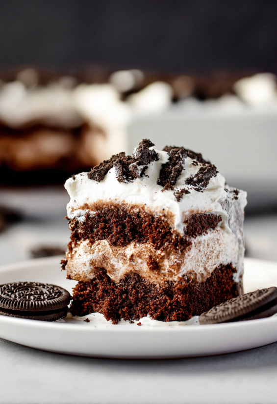 Ein Stück Oreo Pudding Poke Cake auf einem weißen Plate.