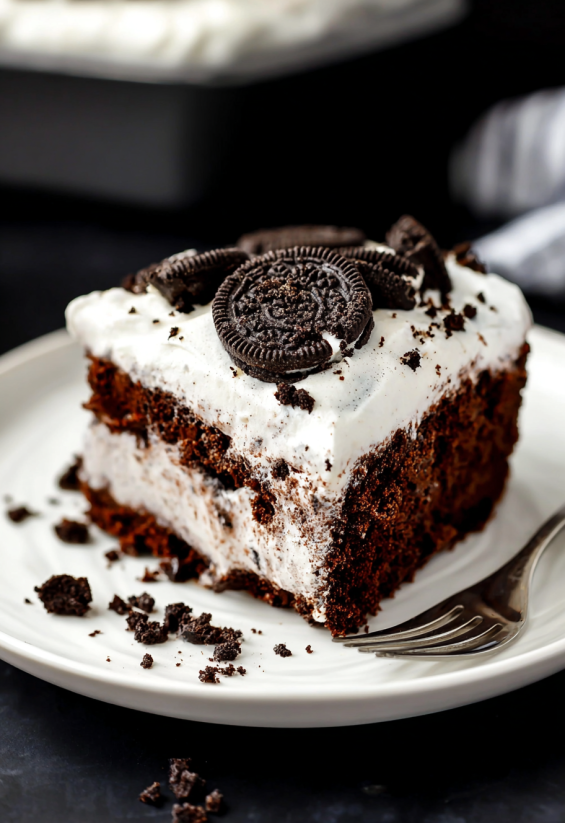 Ein Stück Oreo Pudding Poke Cake auf einem weißen Plate.