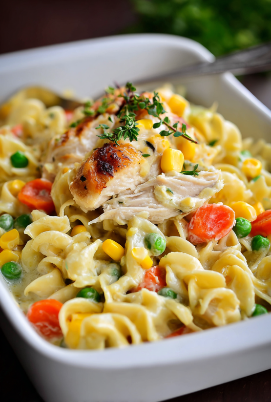 Ein weißer Teller mit einer Mischung aus Nudeln, Kartoffeln, Karotten, Zwiebeln und Chicken.