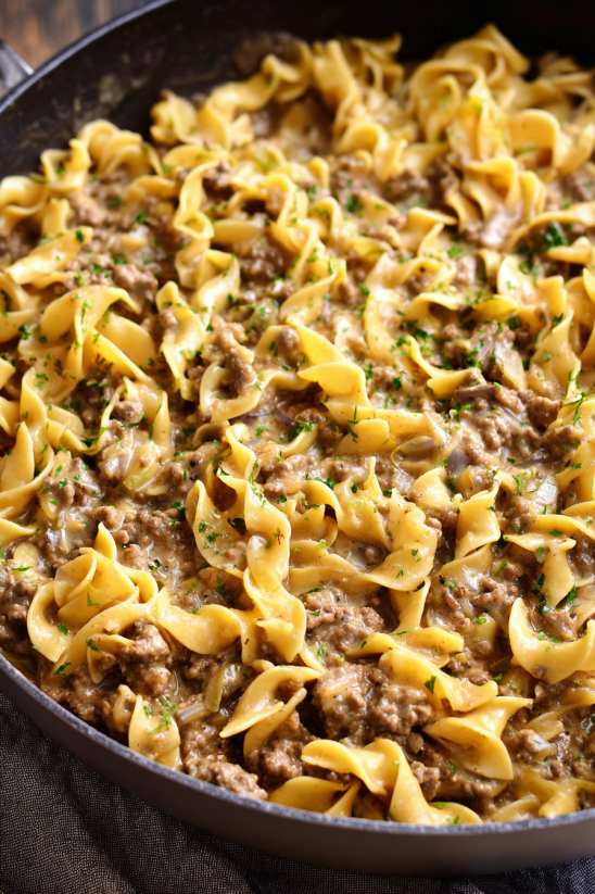 Eine Schüssel mit einer Mischung aus Nudeln, Beef Stroganoff und Zwiebeln.