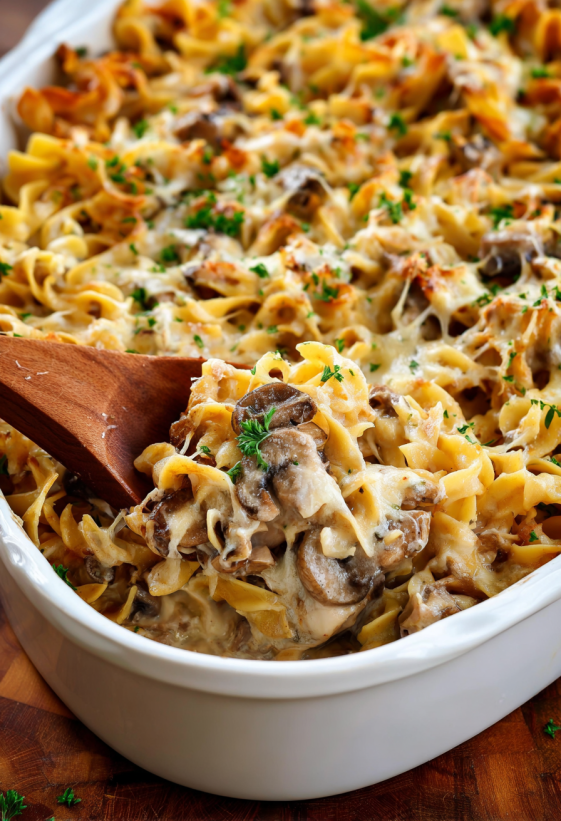 Ein weißer Teller mit einer French Onion Beef Casserole, die mit Pasta, Zwiebeln und Käse zubereitet wurde.