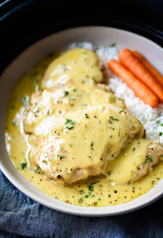 Ein Plate mit Pork Chops, die in einer Kokosauce mit Rice und Karotten serviert werden.