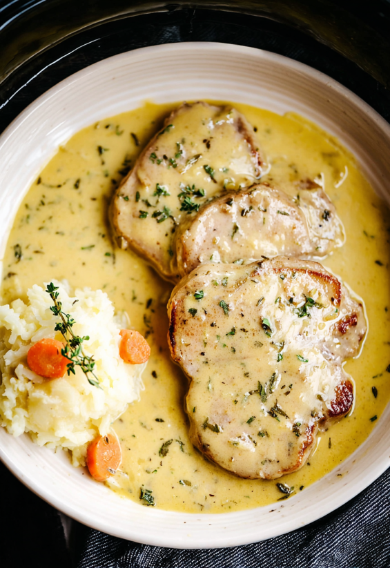 Ein Plate mit Pork Chops, die in einer cremigen Ranch-Sauce gegeben sind.
