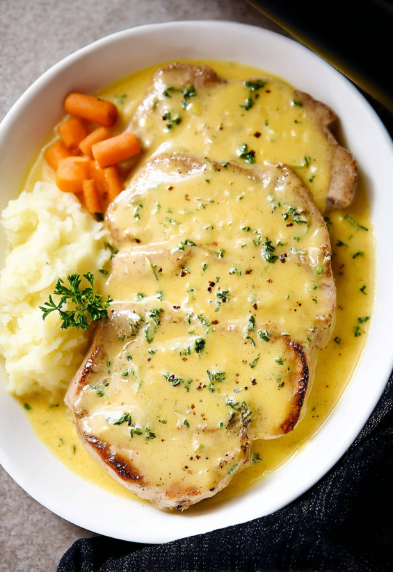 Ein Bier mit Pork Chops und Kartoffeln in einer Sauce.