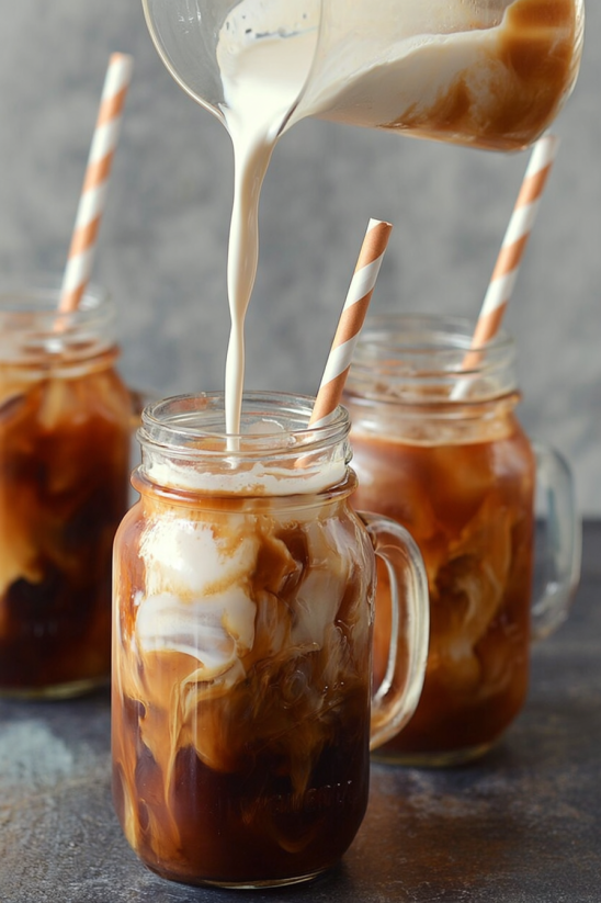 Ein Glas mit Thai Iced Tea, das mit einer Schöpfkelle gereicht wird.