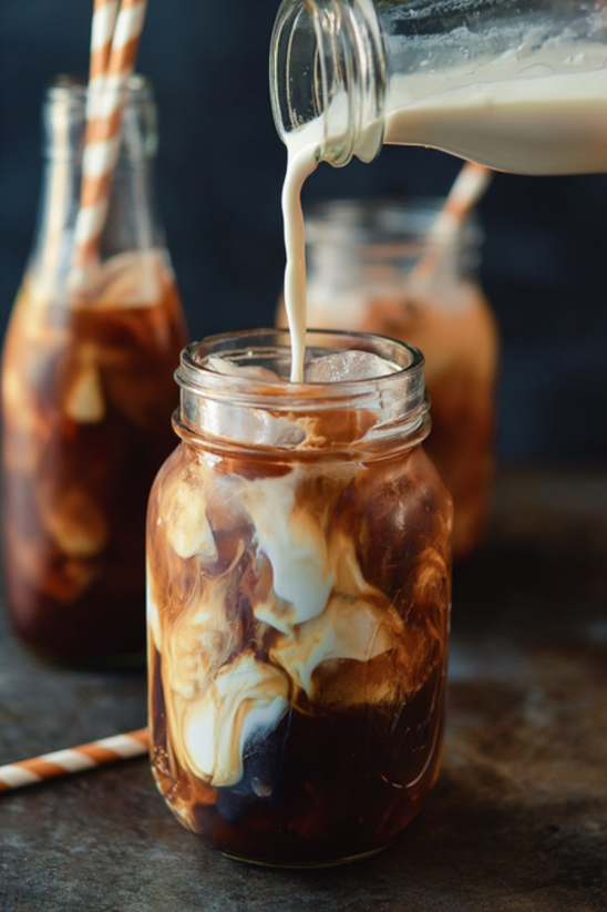 Ein Glas mit Thai Iced Tea wird mit einer Schöpfkelle gefüllt.