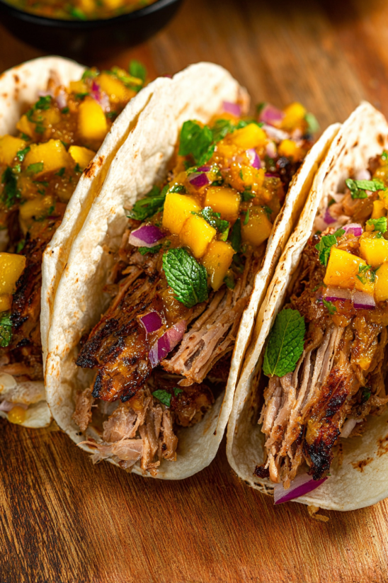 Zwei Tortillas mit Carnitas und Pineapple.
