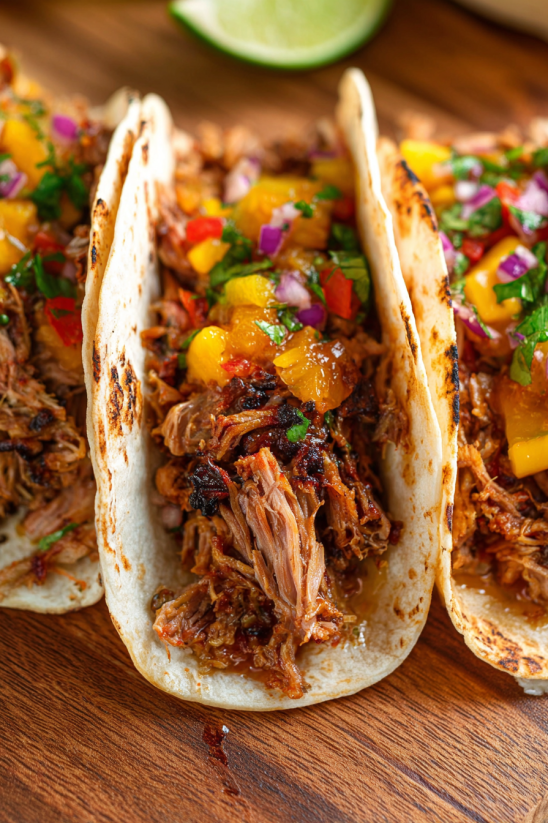 Zwei Tacos mit Pork-Rind-Garnierung und Pineapple-Topping.