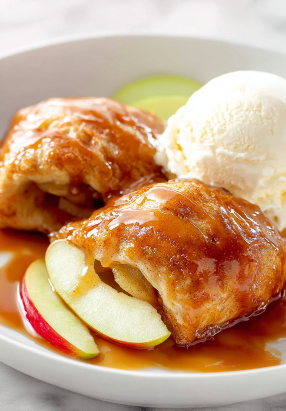 Ein Bild von Apple Dumplings, die mit Sauce und Eis serviert werden.