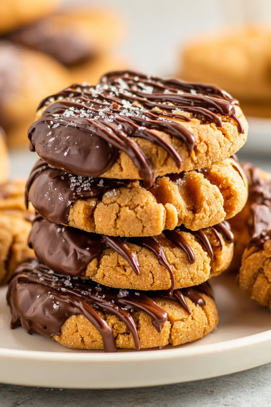 Eine Platte mit Nutter Butter Cookies, die mit Schokoladenglasur und Zucker bestreut sind.